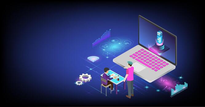 Child exploring robotics with adult guidance vector