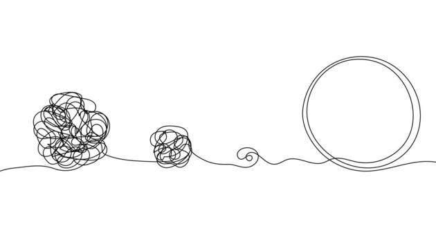 Chaos and order abstract minimalist illustration. Concept of a complex disorganized problem represented by a tangled continuous black line that needs unraveling. vector