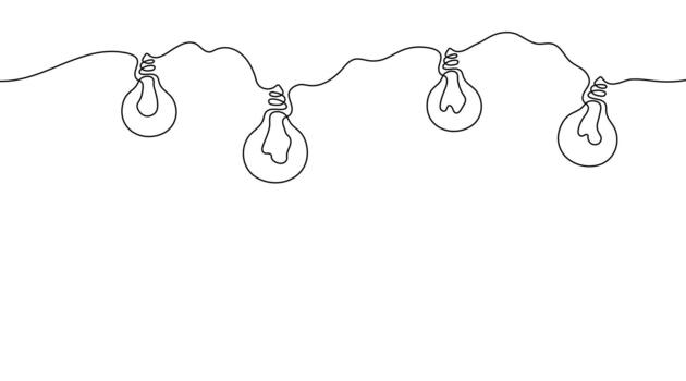 Minimalist continuous one-line drawing of hanging light bulbs. Simple linear design symbolizing creative ideas, inspiration, and innovation. Elegant modern outline suitable for branding vector