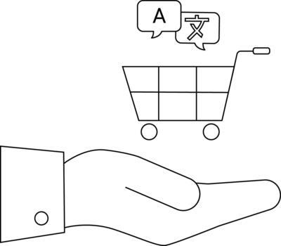 A hand holds a shopping cart with language icons above it vector