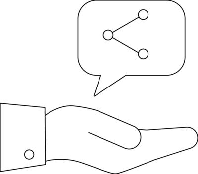 A hand supports a speech bubble containing a network or sharing graphic with connected circles vector