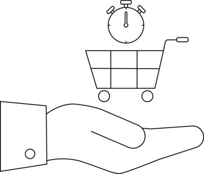 A hand holds a shopping cart under a timer all in a line drawing vector