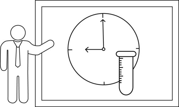 A stick figure gestures towards a clock and test tube on a framed board vector