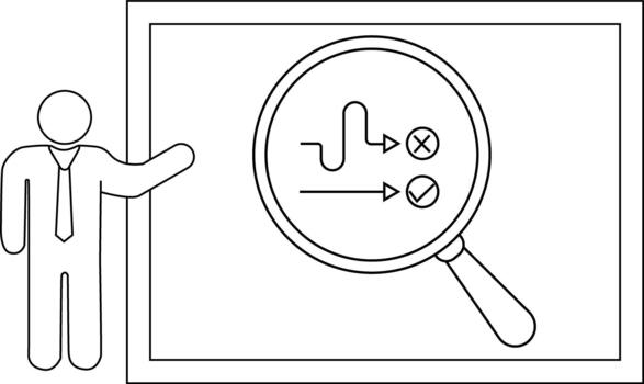 Stick figure presenting a flowchart under a magnifying glass within a framed display vector