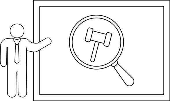 A stick figure presents a magnifying glass highlighting a gavel set within a rectangular frame vector