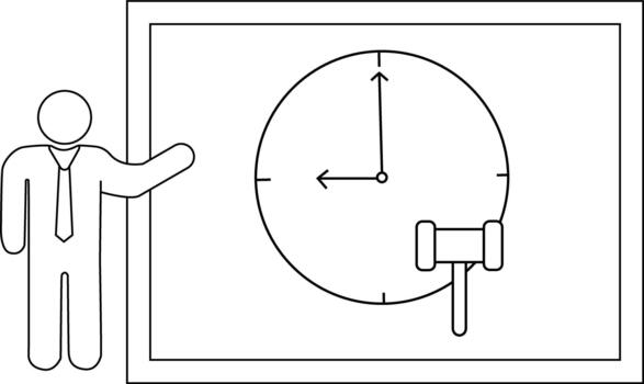 An outline drawing presents a figure gesturing towards a clock and gavel within a frame vector