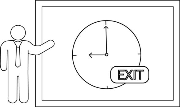 Man presents whiteboard with clock pointing to exit sign vector