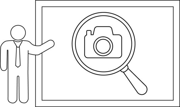 Presentation of camera image under magnifying glass stick figure at corner vector