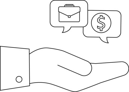 A hand extends with speech bubbles showing a briefcase and a dollar sign above it vector