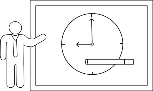 un persona puntos a un diagrama demostración un reloj y un objeto presentado en un rectangular marco vector