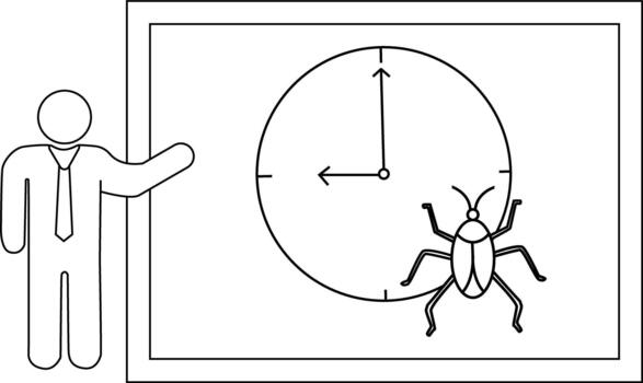 A diagram shows a person clock and beetle within a frame The clock indicates quarter to the hour vector