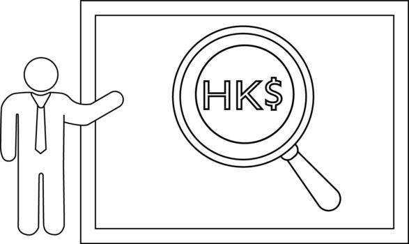 un icono de un hombre presentación un hk moneda símbolo dentro un aumentador vaso desplegado en un tablero vector