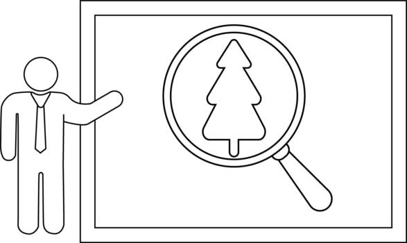 A person gestures towards a framed image of a tree under a magnifying glass vector