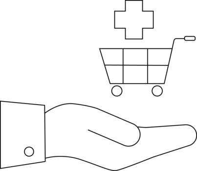 Hand proffering a shopping cart with a cross above rendered in outline vector