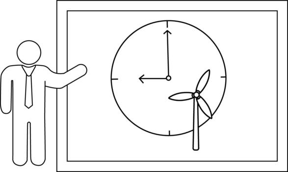 Stick figure presenting a clock with a wind turbine inside vector