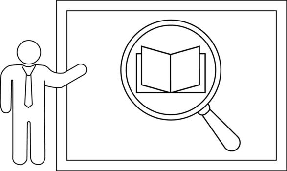 un palo figura soportes siguiente a un enmarcado imagen de un abierto libro debajo un aumentador vaso vector