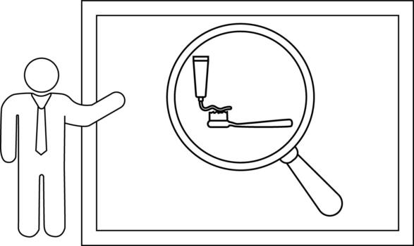 ilustración de un figura presentación un magnificado imagen de pasta dental en un cepillo de dientes dentro un marco vector
