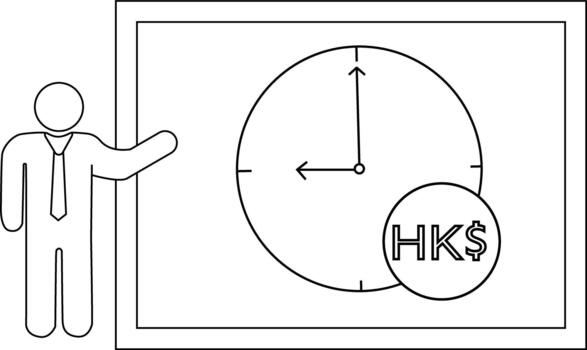 A stick figure presents a clock with the hands on 12 and 9 next to a circle with the HK symbol inside vector