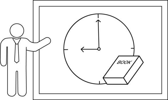 un figura gestos a un reloj terminado un libro enmarcado dentro un rectángulo vector