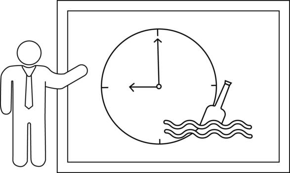 A stick figure gestures to a whiteboard displaying a clock with a bottle in water at the bottom right vector