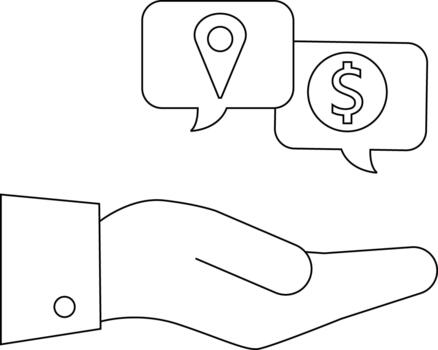 A hand supports location pin and money speech bubbles representing location and cost considerations vector