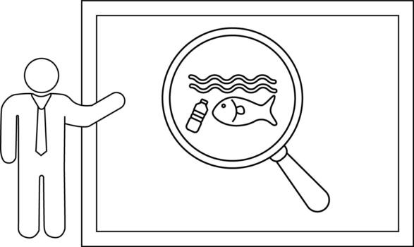contorno dibujo hombre señalando a un aumentador vaso demostración pescado el plastico botella y olas en un presentación tablero vector