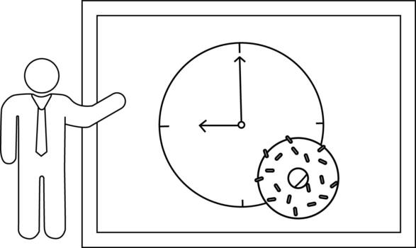 Drawing shows person gesturing to clock and donut design on a board vector