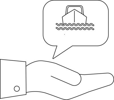 Hand with suit holds speech bubble containing a boat floating on waves vector