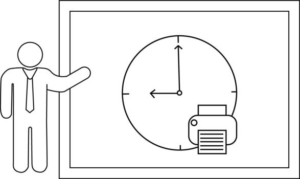 un arte lineal imagen muestra un presentador gesticulando hacia un pizarron con un reloj cara y impresora símbolo vector