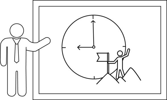A stickfigure presenter points to a display of a clock and another figure on a mountain with a flag vector