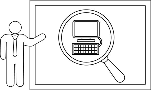 A stick figure points to a framed magnifying glass focusing on a computer vector