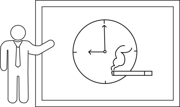 Figure points to board with clock showing 900 and cigarette vector