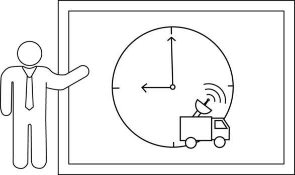 línea Arte muestra un presentador junto a un tablero mostrando un reloj y un transmitir camión vector