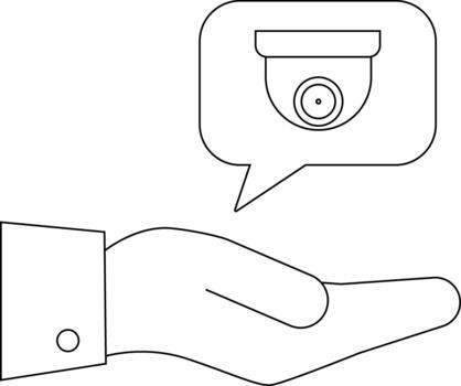 An open hand with a suit sleeve holds a speech bubble containing a domeshaped security camera vector