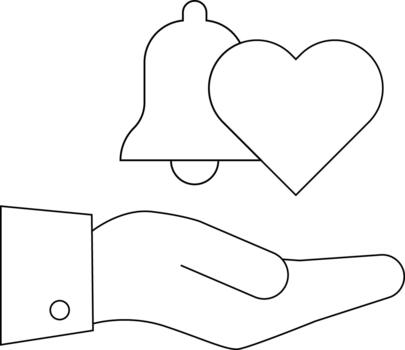 A hand supports a heart and notification bell symbolizing a positive message or reminder vector