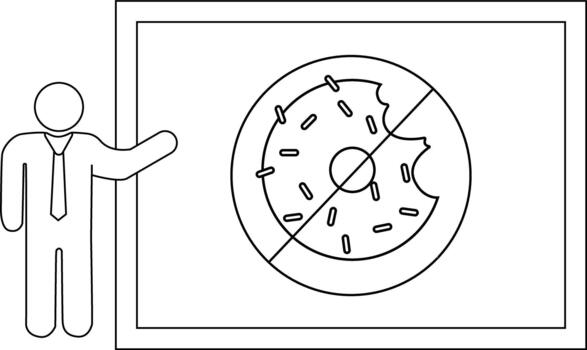 un persona gestos a un No rosquilla firmar representando un mordido Pastelería con un línea mediante eso todas en rígido negro y blanco vector