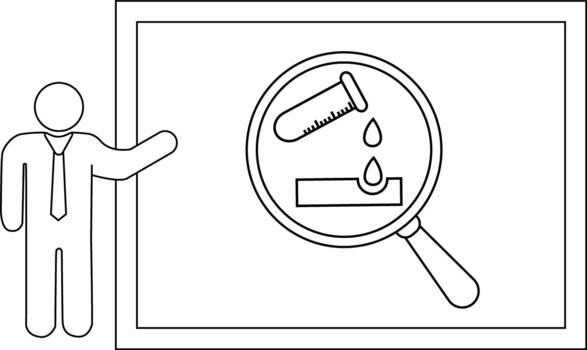 Illustration of a presenter pointing to a science experiment on a screen behind him vector