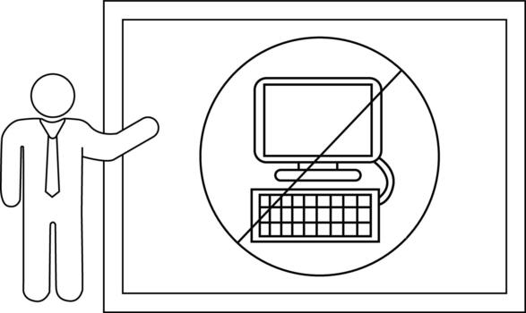 A stick figure presents a sign prohibiting computer use vector