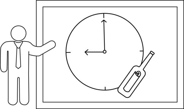 A figure stands by a board showing a clock and a bottle with a scroll vector