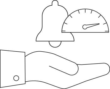 A hand with a suit holds a bell and a gauge a symbol possibly for warnings or monitoring vector