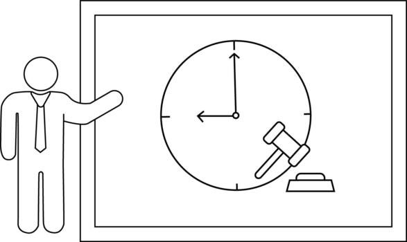 A person points to a whiteboard with a clock face and a gavel vector