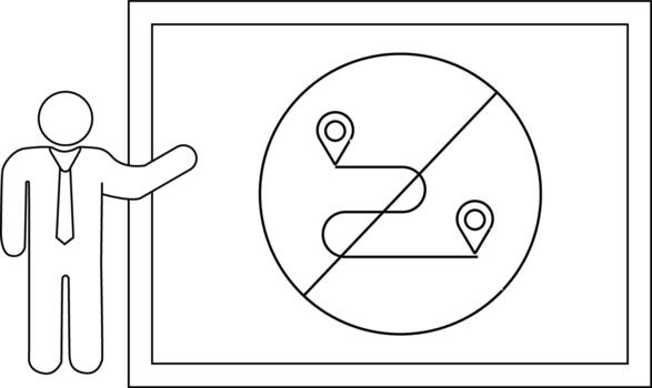 Man points to a whiteboard showing a route symbol crossed out vector