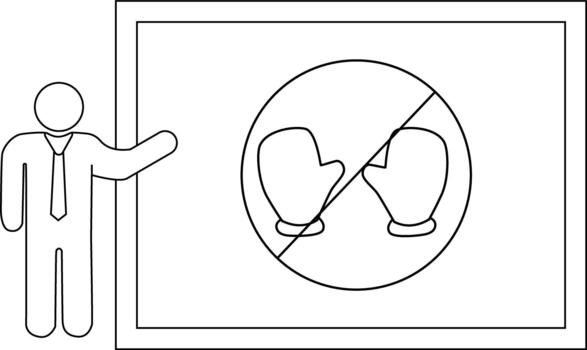 Person pointing at a sign with a circle and two gloves crossed out vector