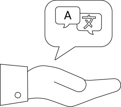 A hand holds a speech bubble containing the letters A and Chinese characters symbolizing translation vector