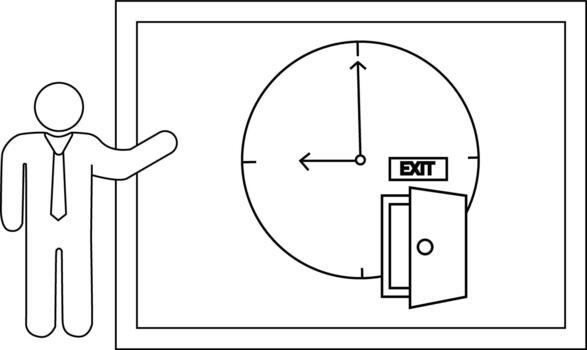 A presentation shows a clockexit graphic with a figure gesturing towards it vector