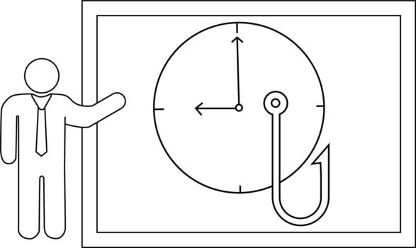 un palo figura regalos un reloj con un pescar gancho para un segundo mano dentro un rectangular marco vector