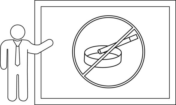 línea Arte muestra un persona gesticulando hacia un No de fumar firmar en un rectangular antecedentes vector