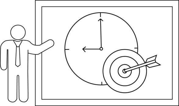 un palo figura gestos hacia un presentación exhibiendo un reloj demostración 900 y un diana golpear por un flecha vector