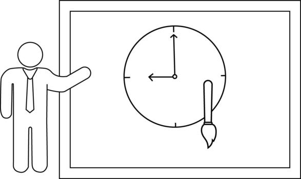 Line art of a figure presenting a framed image with a clock and paintbrush vector