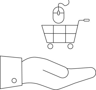contorno imagen de mano participación compras carro con computadora ratón flotante encima eso vector